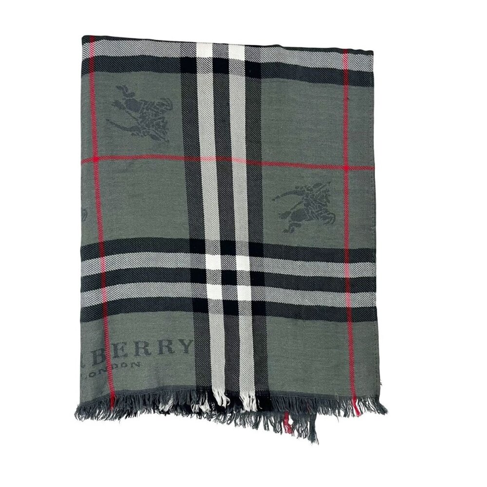 Burberry Gray Nova‎ Check Plaid Logo Rectangle Scarf Fringe Trim Luxury Preppy